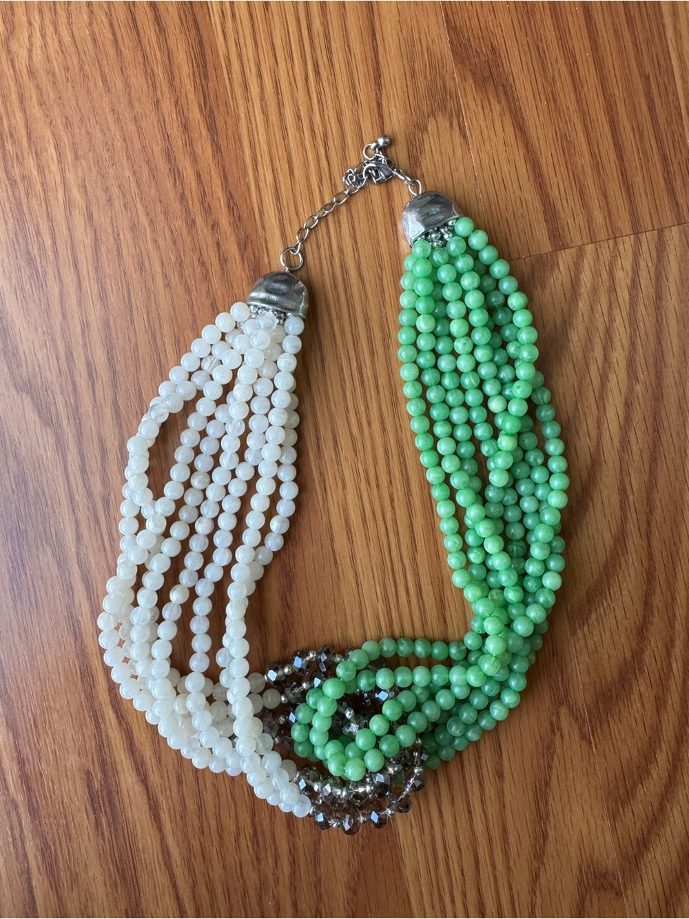 Anthropologie Green White Silver Multi-Strand Beaded Choker Necklace